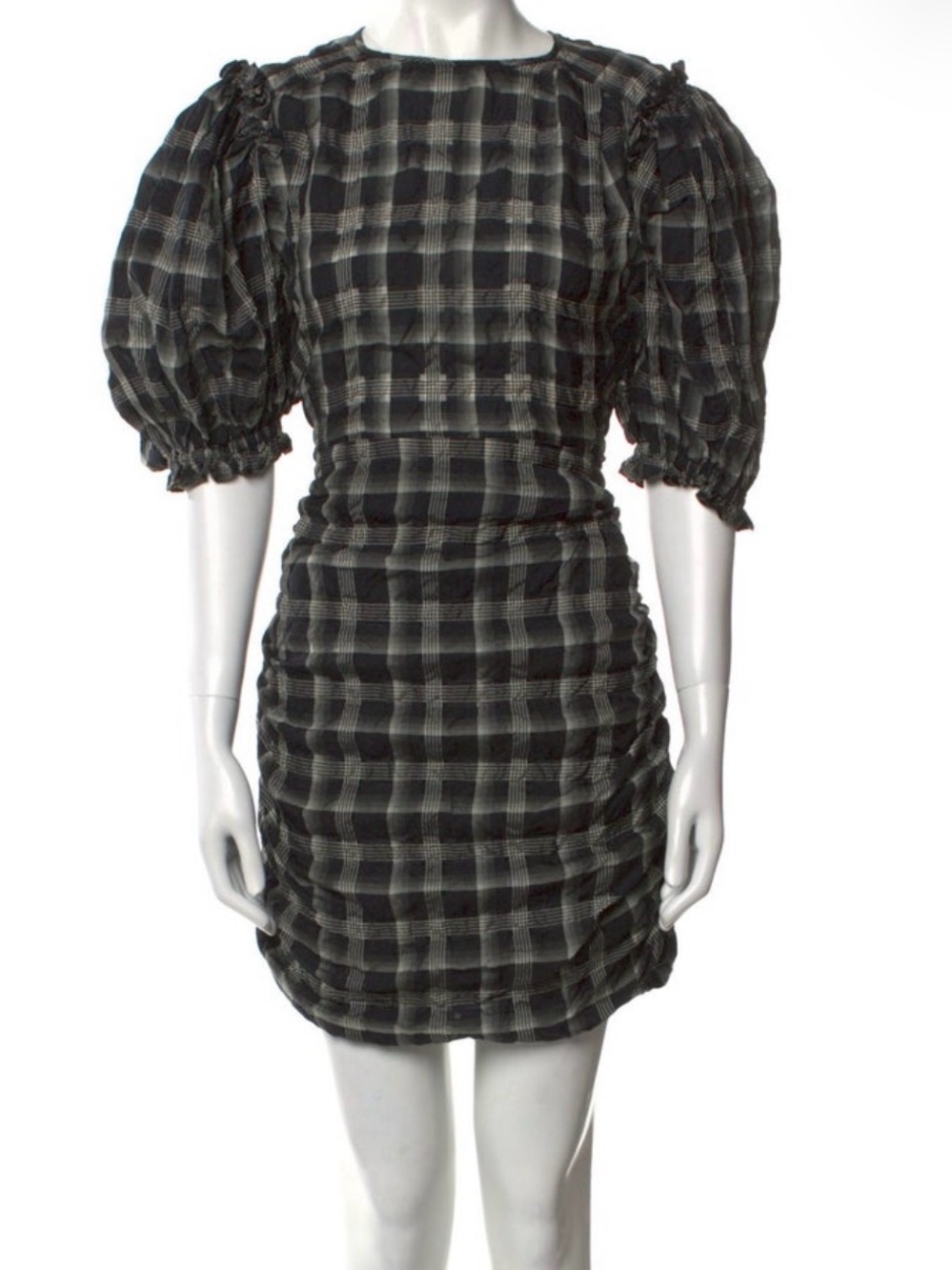 Isabel Marant Black & Gray Plaid Puff-Sleeve Ruched Mini Dress WITH TAGS